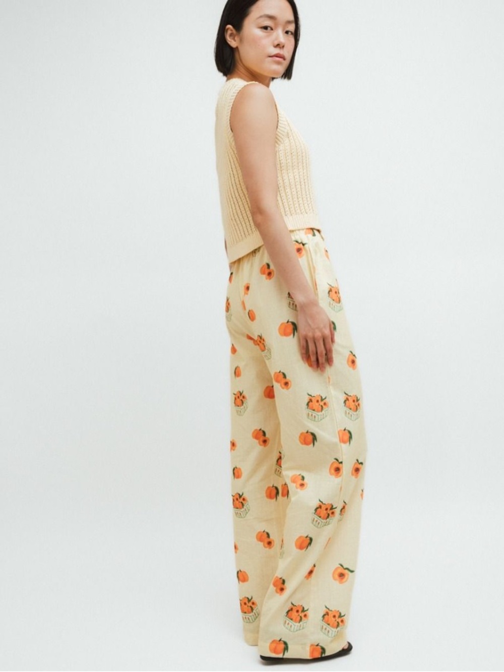 Bailey Rose Butter Yellow Peach-Print Wide-Leg Lounge Pull on Pants NWOT - Picture 3 of 13